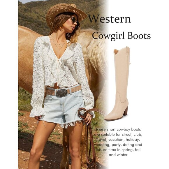 Women Beige Cowboy Knee High Boots Chunky Block Heel Square Toe Tall Riding Boot - Picture 5 of 5